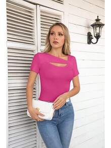 Womens Fashion Fall Cutout Long Sleeve Ribbed Slim Fitted Tops Shirts Tee Tshirts - 短粉紅色 - 查看 7