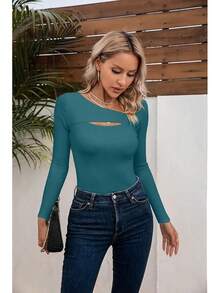 Womens Fashion Fall Cutout Long Sleeve Ribbed Slim Fitted Tops Shirts Tee Tshirts - Long-teal - View 7