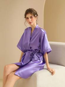 Women's Silk Nightgown Wedding Dressing Robe Lightweight Cardigan Robe Bridal Morning Robe Friend's Robe, Suitable For Home And Hotel Wear. - Light Purple - View 8