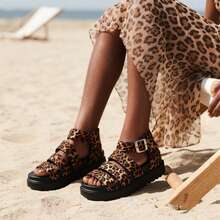 READY SALTED Boho Gladiator Ladies Sandals – Comfy Chunky Wedges, Summer Chic, Daily Commuter Essentials - Leopard - View 2