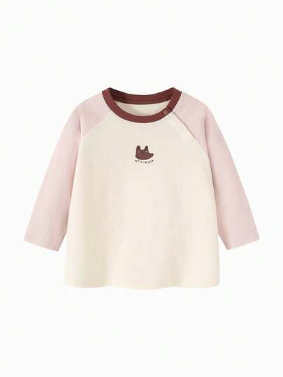 mini bala 女婴柔软保暖字母卡通印花插肩长袖T恤，春季