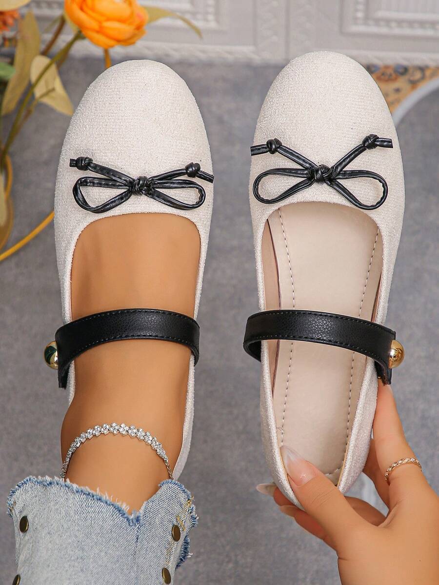 Plus Size Women's 36-43 Spring & Autumn Beige Bowknot Strap Mary Jane Flats, Daily Work Commute Party Fashion Versatile Slip-On Lightweight Soft Sole Non-Slip Ballet Flat Shoes, Random Pattern - Beige - View 1