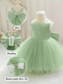 Baby Girls Mint Green Handmade Beaded 3D Bow Christmas Party Elegant Tulle Princess Dress, Suitable For Girls' 1st Birthday Gift, Party, Banquet, Holiday Celebration - Mint Green - View 4