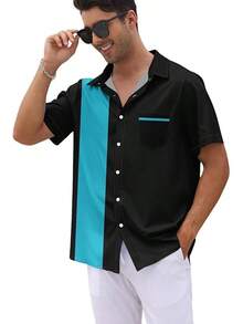 Vintage 1950s Casual Short Sleeve Button Up Contrast Summer Color Block Cuban Bowling Shirts Men - 藍色環礁和黑色 - 查看 4
