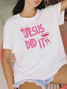 Women's Summer Casual Colorful Letter Jesus Did It Simple Bow Printed Pattern Round Neck T-Shirt Fashionable And Versatile, Girl. Graphic Tees Women White Top - White - View 8