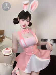 1 Conjunto de vestido de conejita dulce y lindo para niña, con pecho pequeño, traje de uniforme de conejita sexy y lindo, disfraz de cosplay de conejo de anime (se regala un collar + tanga), disfraz de Halloween