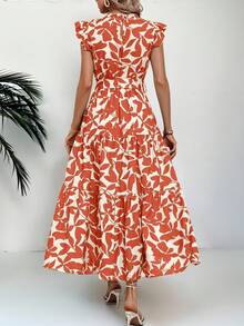 Vestidos Largos Casuales Elegantes Fiesta Moda Ropa Mujer,Vestido Con Cinturón Plisado Con Estampado Floral Y Diseño De Plantas - Naranja - Ver 2