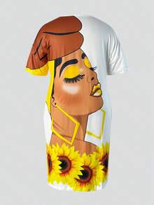 Women's Plus Size Casual Short Sleeve Dress, Cartoon People & Floral Print V-Neck Stretchy Dress With 2 Pockets, Black African Style