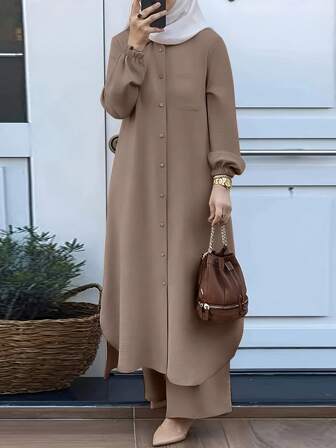 2pcs Abaya Set: Long Sleeve Shirt Top And Wide Leg Pants, Elegant And Comfortable For Home And Daily Wear