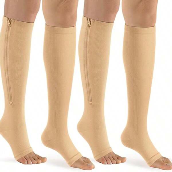 2 paar kniekousen compressiekousen 15-20 mmHg, ritssluiting open/gesloten teen, voor mannen en vrouwen