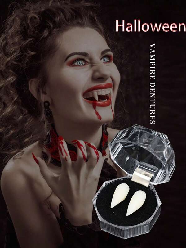 Fausses dents de vampire zombie pour Halloween, jouet de farce à dents, de costume de fête, blanc 13-19 mm avec boîte