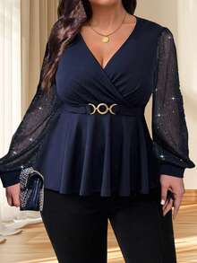 Women's Autumn V Neck Tops Long Sheer Mesh Sleeve Smocked Waist Plus Size T-Shirts - Navy Blue - View 4