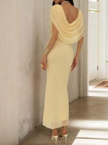 Vestido largo ajustado de cuello en V para mujer, vestido de punto con detalle fruncido de unicolor elegante, crema amarillo
