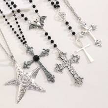 1pc Vintage Gothic Cross Pendant Beaded Necklace, Women Fashion Jewelry Accessory, Suitable For Daily Wear And Party, Gifts For Women