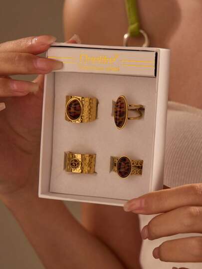 4 Peças Conjunto de Anéis Abertos Vintage Estilo Estampa de Leopardo e Gema em Aço Inoxidável, Adequado para Decoração Diária ou Presente de Mulheres