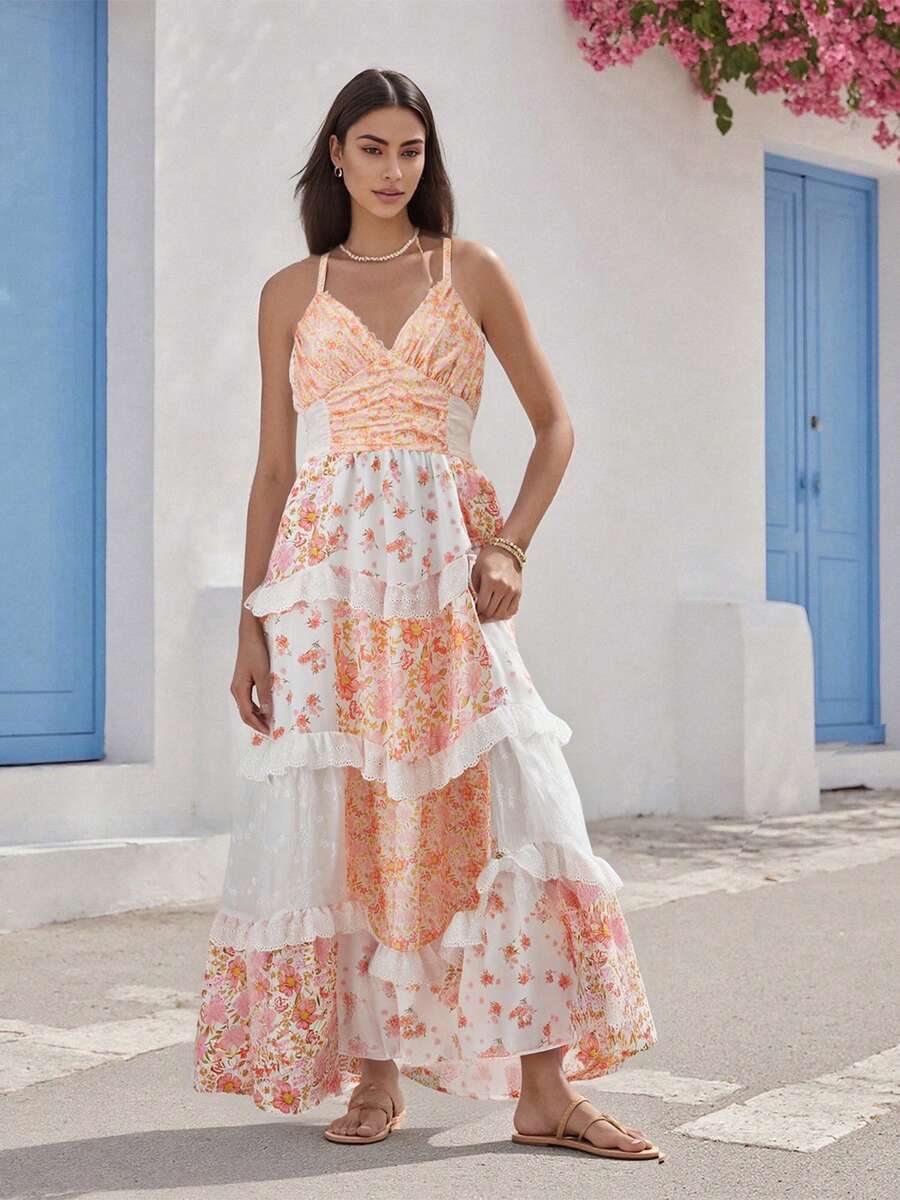 Women's Floral Print Long Dress Sleeveless Spaghetti Strap Tiered Ruffle Dress Vacation Dress