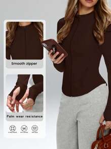 FWH Women's Fashionable Design Small Stand-Collar Outdoor Running Yoga Exercise Casual Style Fabric Comfortable Stretch Visually Shaping Waist-Defining Basic Versatile Youthful Sun-Protection Sport Jacket Long Sleeves