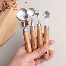 8pc Stainless Steel Measuring Cup And Spoon With Rosewood Handle, Durable Kitchen Baking Tools Including Spice Spoon And Coffee Spoon, Nested Design For Easy Storage, Suitable For Baking Cooking And Cocktail Making - Bộ 8 món bạc - Xem 3