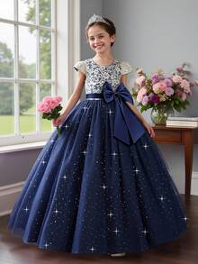 Tween Girls Embroidered Tulle Bow Princess Dress, Suitable For Flower Girl, Birthday Party, Piano Recital, Formal Occasions, Does Not Include Headband - Navy Blue - View 1