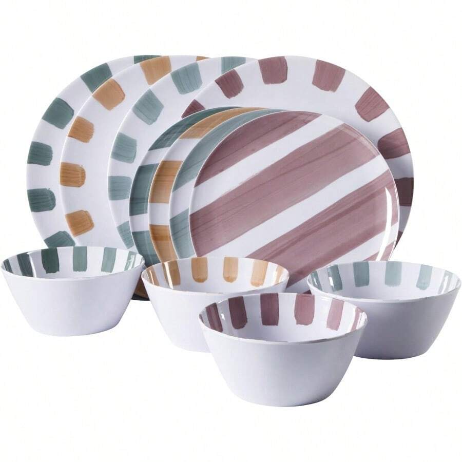 Cottage Stripes 12Piece Durable Melamine Plates And Bowls Set For Outdoor Camping And Daily Use Assorted Colors - Màu sắc hỗn hợp - Xem 1
