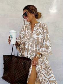 大码女式优雅新款时尚花卉印花休闲宽松中长连衣裙，七分袖衬衫裙，适合春夏秋季