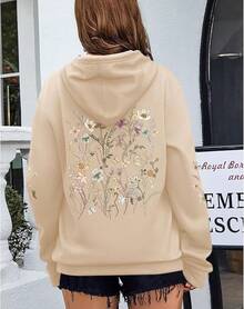 Women's Floral Printed Hoodies Vintage Aesthetic Flower Graphic Sweatshirt Cute Boho Fleece Thermal Hoodie Pullover - Màu be - Xem 4