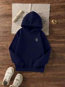 1件少女休闲印花套头卫衣，保暖内衬，长袖，秋冬季学生青少年服装 - 藏蓝色 - 查看 4