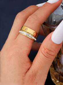 2 Peças Conjunto Anel de Banda com Cristal de Trevo de Quatro Folhas mais Anel Pavê, Joias de Aço Inoxidável Banhadas a Ouro 18K, Adequadas para Uso Diário de Mulheres, Lançamento Novo de 2025