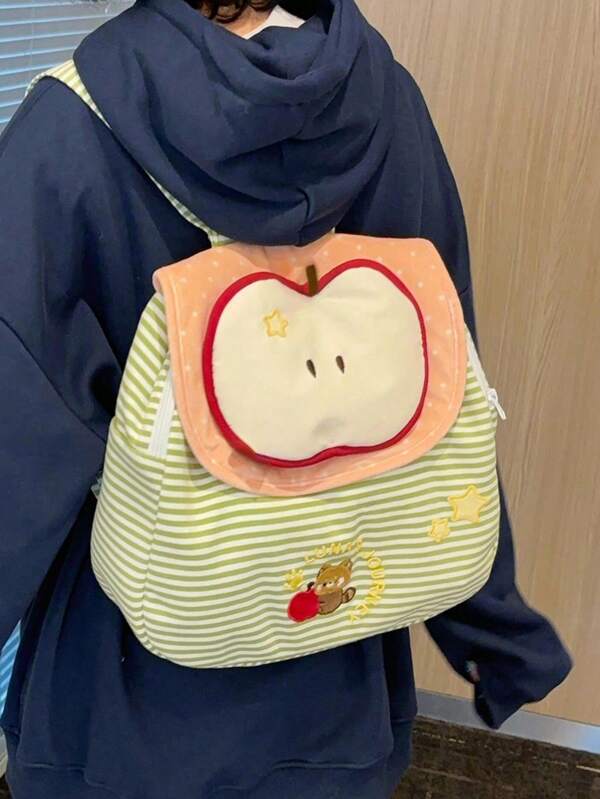 Mochila super linda con diseño de manzana, Mochila pequeña y fresca con rayas en verde menta, Mochila escolar para escuela secundaria, Mochila pequeña y de moda, Nueva bolsa para mujer