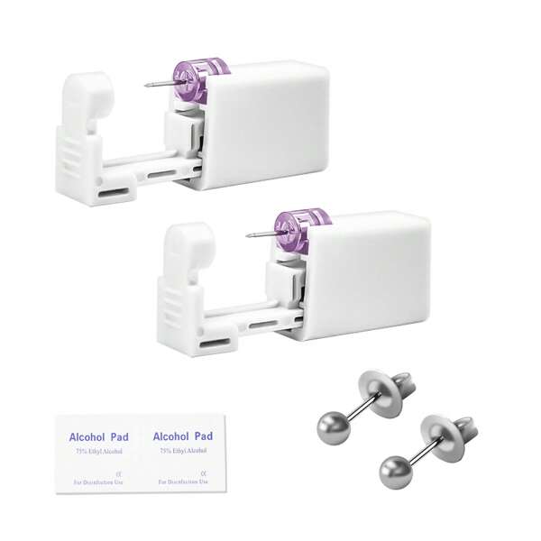 2 Packs Disposable Ear Piercing Kit With Preloaded Earrings, Quick And Painless Ear Gun Tool Set With Studs, Alcohol Pads Included, Unfragranced, Battery-Free, Facial Care Accessories