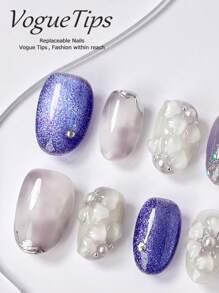 10pcs Handmade Nail Tips, Starry Sky Design, Short Round Wear Nails XS/S/M/L, Short Press-On Nails In Purple & Gray, Elegant & Charming, High-Quality Handcrafted Wear Nails, Short Nails, Slouchy Person Quick Stick-On Wear Nails, Press-On Acrylic Nails