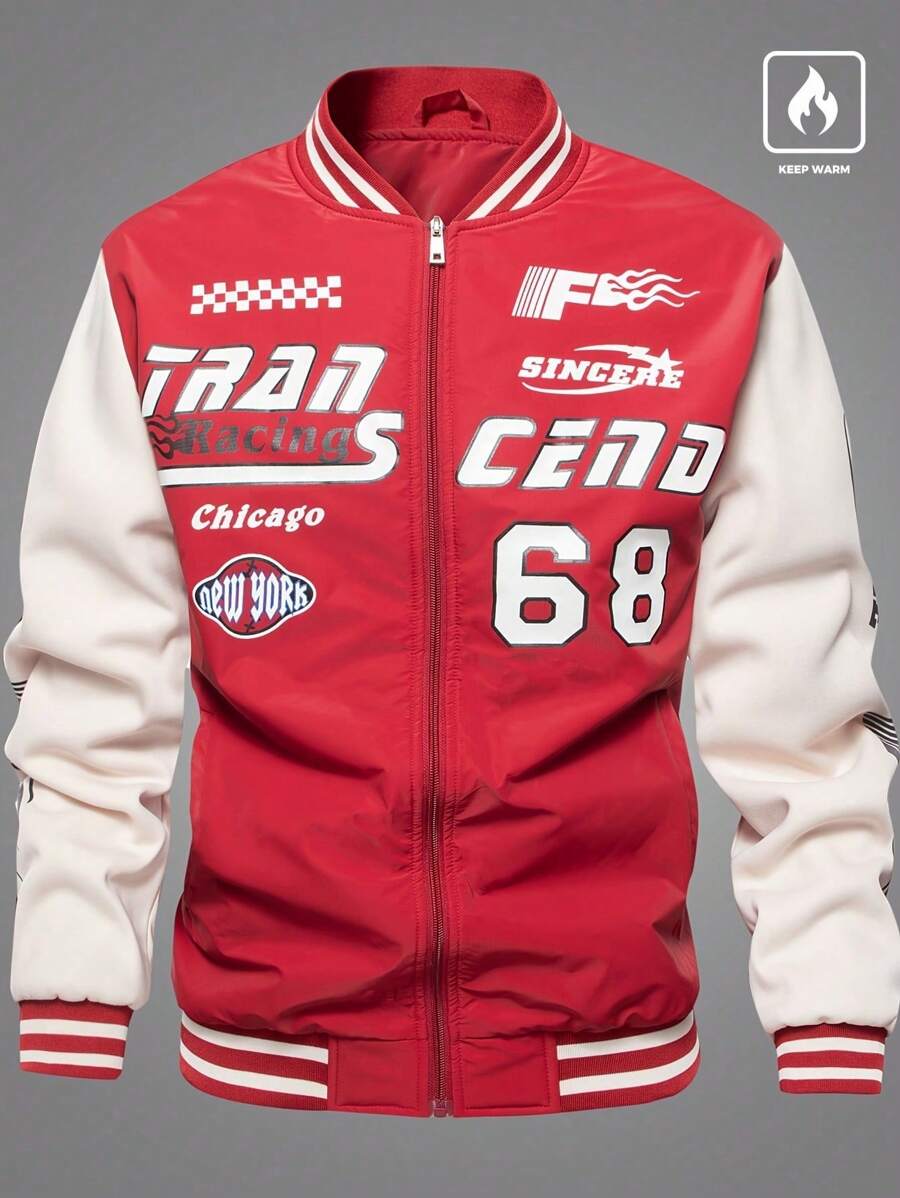 男士休闲赛车印花拉链夹克、运动风衣、时尚棒球夹克 - 紅色 - 查看 1