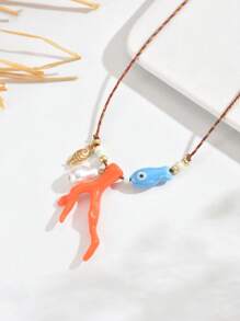 1 Stück kreative keramische Korallen Fisch & Kunstperlen Anhänger verstellbare geflochtene Halskette, vintage modische Acryl Korallen keramische Fisch Halskette Handarbeit Choker, geeignet für täglichen Gebrauch, Partys, Urlaubsoutfits von Frauen