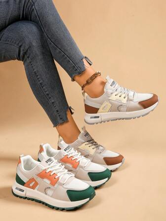 Lace-Up Round Toe Color Block Versatile Casual City Outdoor Comfortable Sneakers For Women