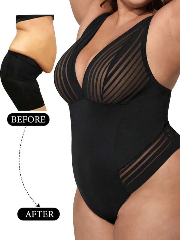 1pc Plus Size Women Slimming Waist Mesh Splicing Bodysuit, Black Shapewear, Tummy Control Thong