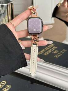 1 件男女通用时尚休闲个性化奢华银色/金色/玫瑰金金属手链，柔软皮革表带可调节腕带，兼容 Ultra 2 1 SE 9 8 7 6 5 4 3 2 1 系列 38 毫米 40 毫米 41 毫米 42 毫米 44 毫米 45 毫米 49 毫米智能手表表带 - 杏色 - 查看 5