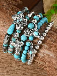 42 Pcs Mixed Vintage Style Multilayer Synthetic Turquoise & Wooden Beaded Bracelet Set With Butterfly/Heart/Hat Charms - Handmade Friendship Bracelet For Men Women - 棕綠色 - 查看 3