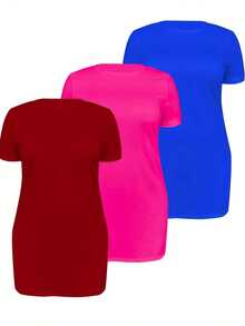 [Plus Size Tee] 3-Pack Plus Size Women's Solid Color T-Shirt Dresses | Polyester Knit Fabric, Crew Neck, Medium Stretch, All-Season - Multicolor - View 3