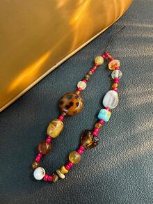 Retro Leopard Print Beaded Phone Lanyard, Elegant Short Wrist Strap Charm, Camera Hanging Accessory For Women. Note: Bead Colors May Vary Slightly Due To Batch Differences. - 棕色 - 查看 7