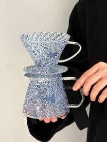 1 件经典复古手冲咖啡壶，带蓝白花滤杯的玻璃咖啡壶，滴滤咖啡壶，咖啡冲泡设备 - 藍色 - 查看 2