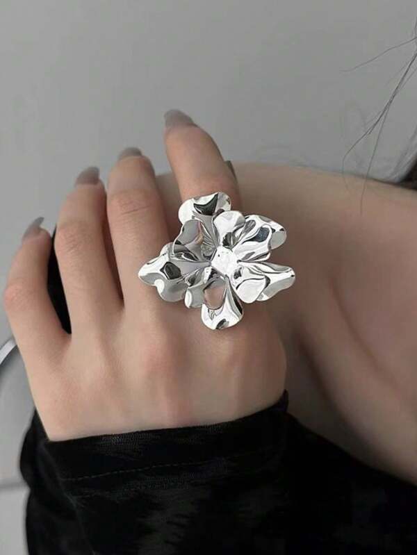 1 pieza Anillo ajustable de metal con diseño de flor grande, anillo de dedo de moda personalizado para mujeres, adecuado para viajar, boda, fiesta, cumpleaños, Navidad, regalo