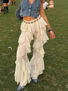 Outdoor Fashionable Lace-Up Patchwork Ruffle Hem Wide Leg Pants Summer, Aesthetic - Apricot - View 4