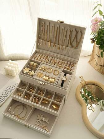 1件大容量三层珠宝盒，Pu皮革多功能珠宝盒，可上锁手表盒，便携式珠宝收纳盒，梳妆台带抽屉珠宝收纳盒，礼品皮革首饰盒，收纳盒，戒指耳环项链收纳盒