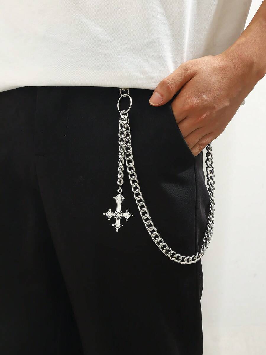 1 件男士银色粗链十字架吊坠腰链裤子配饰秋冬配饰万圣节服装，适合青少年、青年、男士、休闲、户外、运动、度假、毕业礼物、生日、日常穿着
