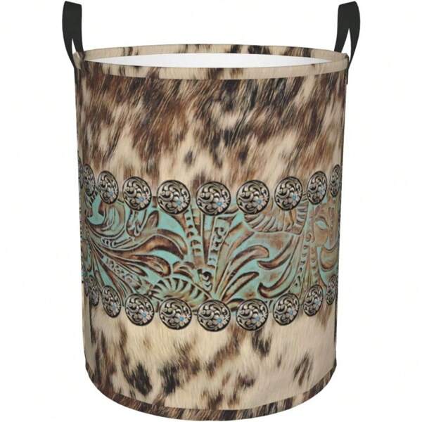 Cesto para la ropa de estilo occidental turquesa, cesta decorativa de estilo campestre para la ropa, bolsa de almacenamiento de ropa con estampado de vaca y tema vaquero
