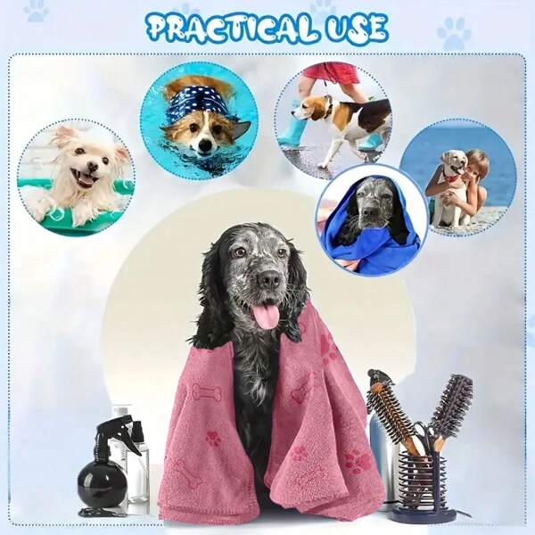 Juego de 4 toallas para mascotas de secado rápido: toallas de baño de secado rápido suaves, cómodas y absorbentes para perros, con diseño de estampado de patitas divertido, ideales para el baño y el aseo, toallas de aseo | Diseño alegre | Tela duradera