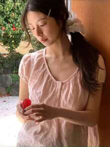 女式甜美蕾丝边 V 领宽松套头短袖衬衫，夏季百搭 - 粉色 - 查看 5