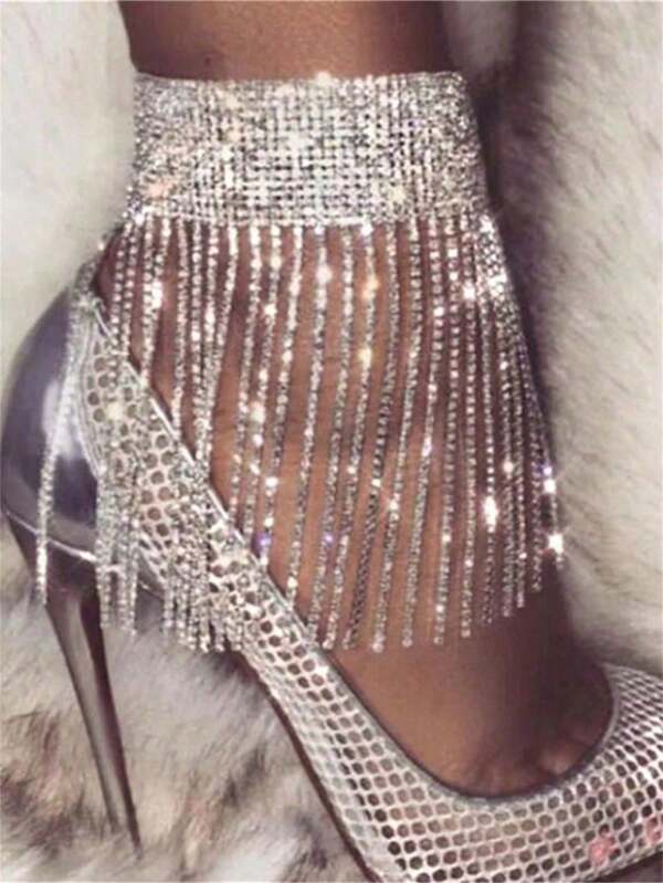 1pc Summer Beach Sparkling Tassel & Rhinestone Anklet, Minimalist Single Strand Toe Ring Foot Jewelry For Women, Party & Banquet