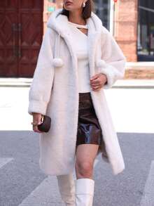 女士长款蓬松连帽加厚保暖蓬松外套 - 白色 - 查看 4