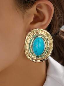 1 Pair Retro Geometric Textured Oval Faux Turquoise Shaped Elegant Elegant Ladies Earrings - Blue - View 1